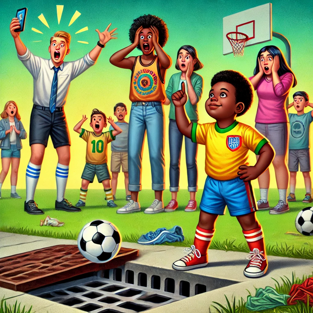 An Afrocentric digital illustration featuring a Black toddler standing proudly near an open sewer grate at a soccer game, while Black teen soccer players attempt to retrieve a smartphone. A shocked mom with locs looks on in disbelief, while her daughter calmly explains what happened. The scene is vibrant and playful, capturing the chaos and humor of parenting in public.