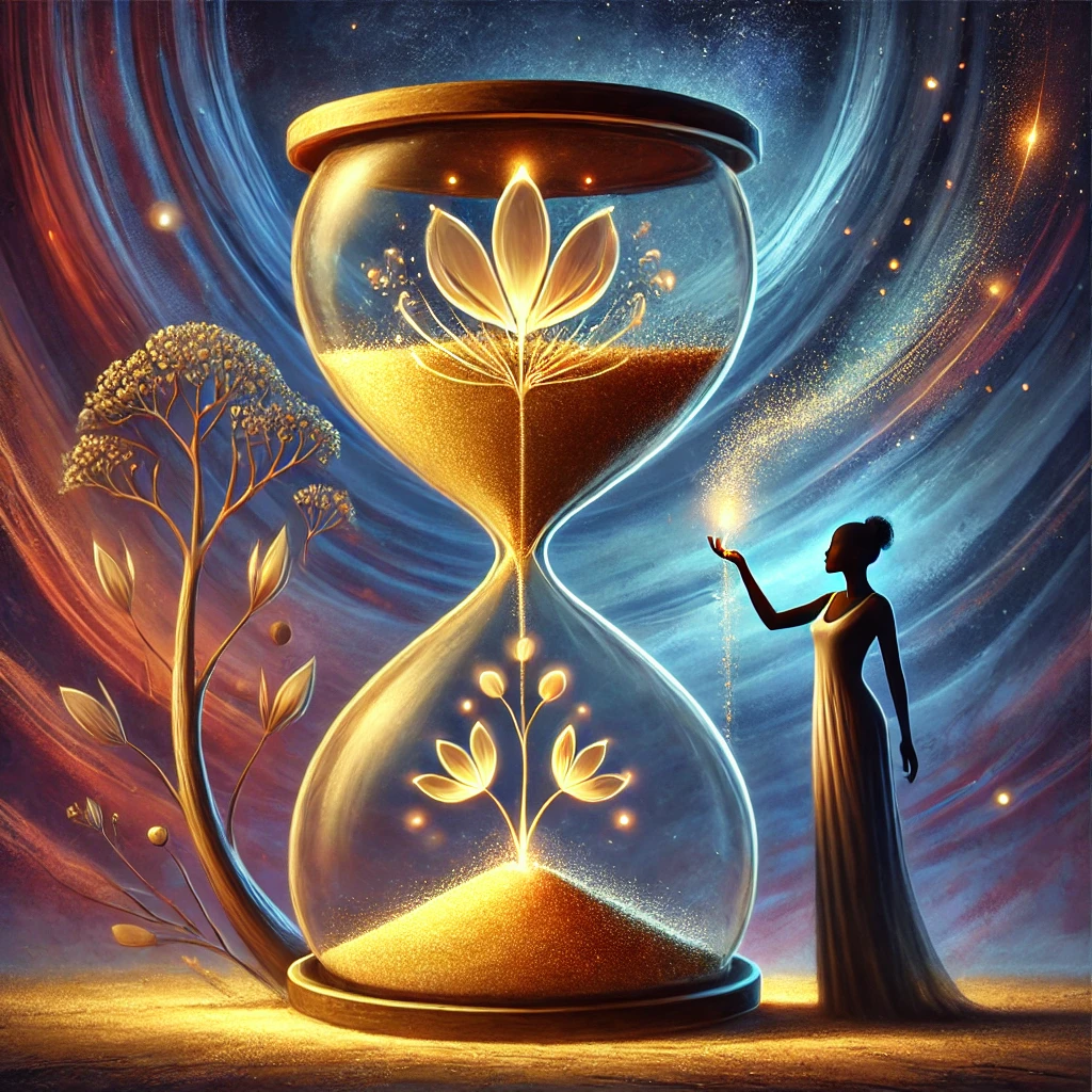 A surreal hourglass where sand flows upward instead of down, transforming into glowing flowers—symbolizing patience, time, and personal growth. A Black woman gently touches the glass with a contemplative expression, representing trust in the process and the beauty of transformation. The dreamy background blends deep blues, warm golds, and soft purples, creating a calming and introspective atmosphere.
