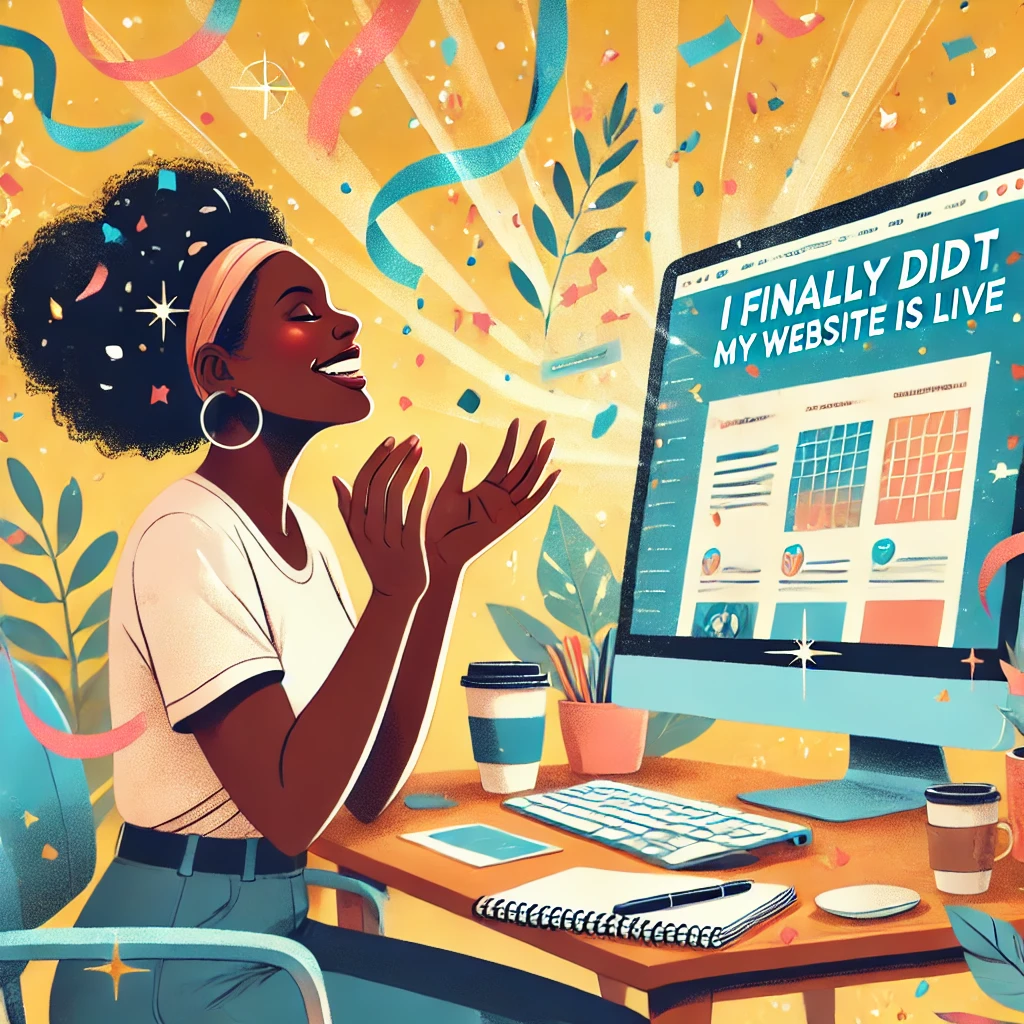 A joyful Black woman sits at her desk, looking at her computer screen with excitement and pride as she celebrates her website launch. Confetti and digital sparkles float around her, symbolizing success and accomplishment. The workspace includes a coffee cup, a notepad, and a stylish setup, representing the creative process behind launching a website.