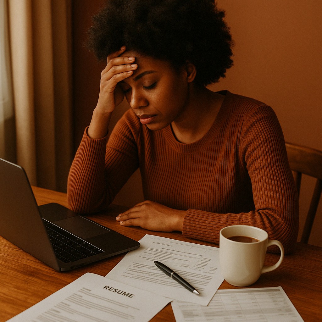 African American woman sitting at a desk with a laptop, coffee, and resume papers, appearing stressed and thoughtful about job decisions.