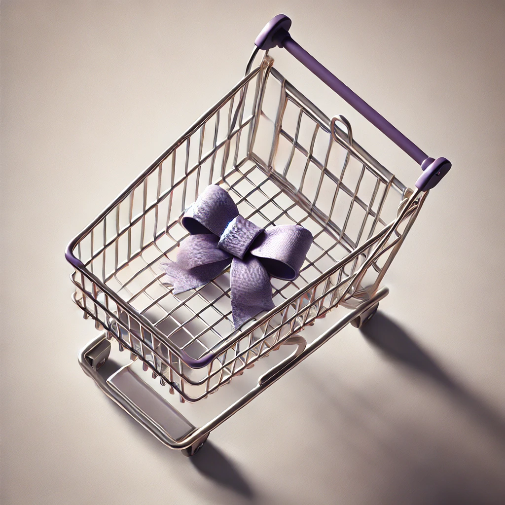 Top-down view of a shopping cart with a small, neatly tied purple bow placed inside near the center. The scene is clean and minimal, with soft natural light and gentle shadows. The image feels symbolic, whimsical, and reflective.