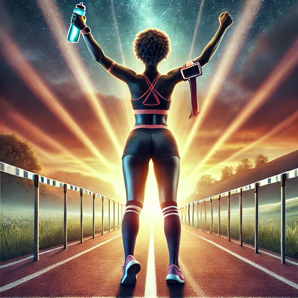 A strong Black woman stands proudly at a finish line, raising a water bottle in celebration after a run. She wears athletic gear and running shoes, with a bright sunrise in the background symbolizing perseverance, resilience, and unwavering faith. The atmosphere is energetic, vibrant, and inspiring.